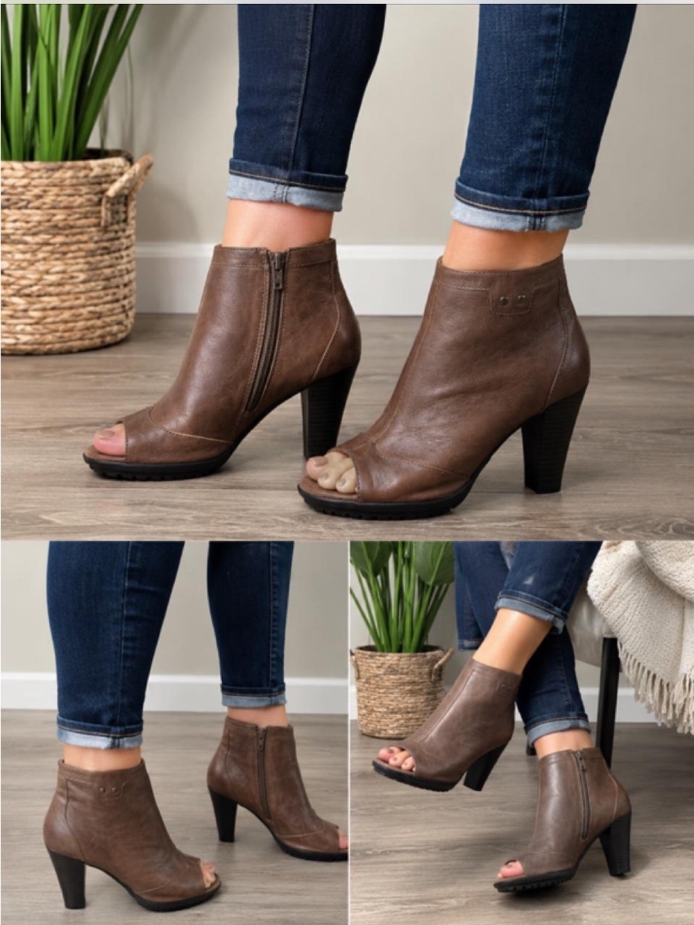 AEROSOLES Brown Leather Open-Toe Stacked Heel Ankle Booties Side Zip